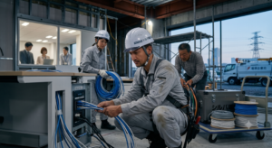 LAN工事をするシルバ電設スタッフ